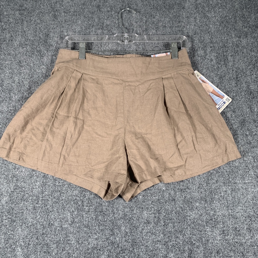 Rewash Shorts Womens Medium Brown Linen Pleated Elastic Waist Pull On Chino